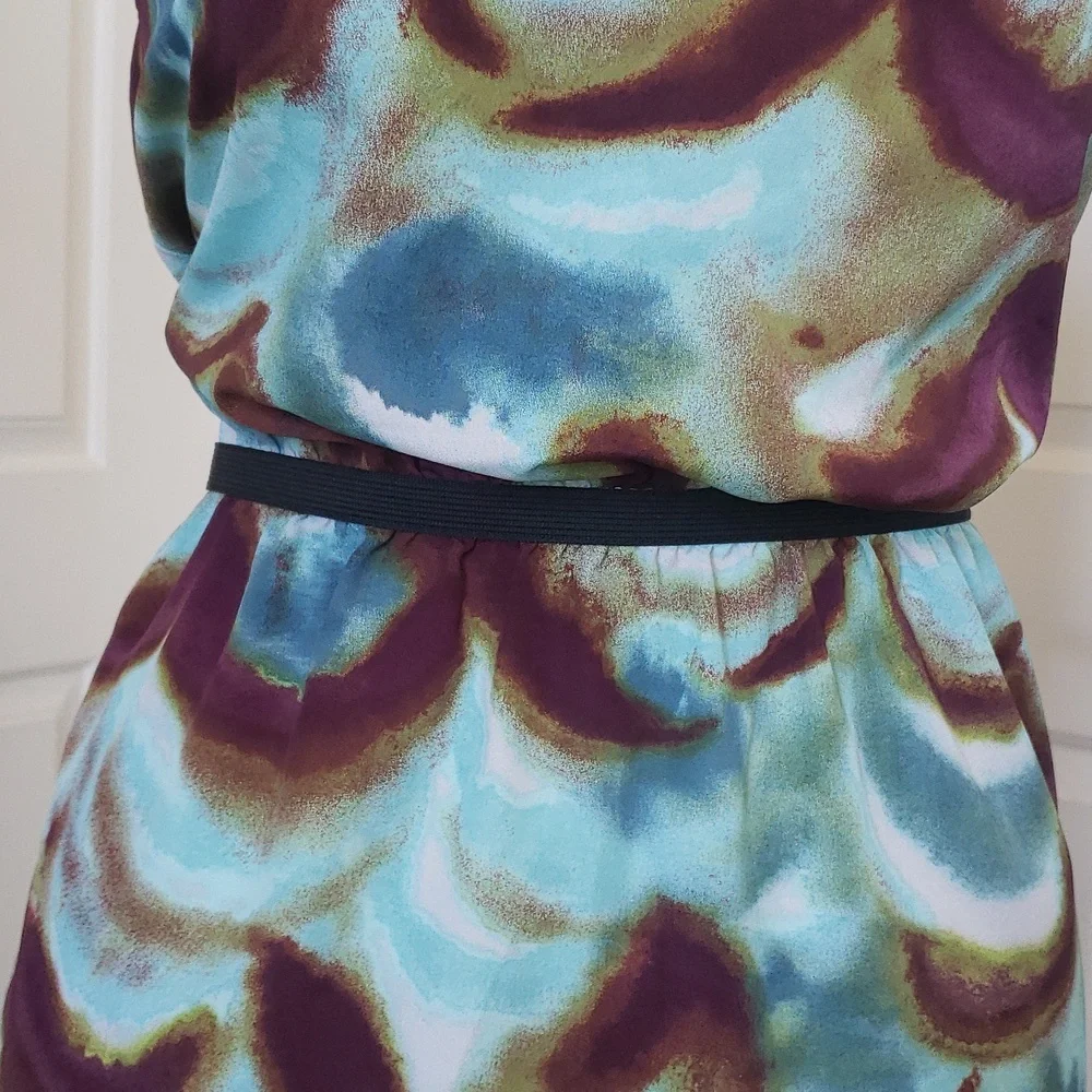 LOFT Teal Maroon Print Dress V-neck Cinched Waist Retro Flair SIZE 6P PETITE